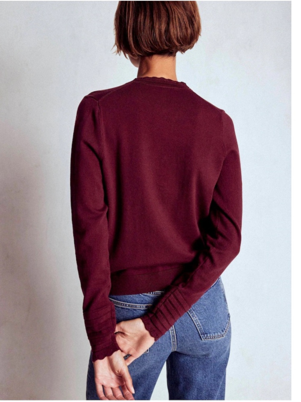 Boden Angela Cotton Scallop Button-Up Cardigan Knit Sweater Burgundy XL - Picture 2 of 9